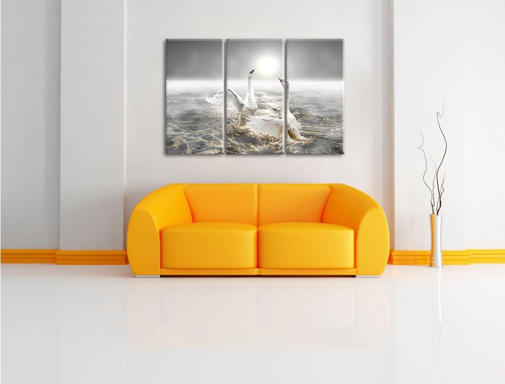 Pixxprint Schwäne im Meer als Leinwandbild/Grösse: 3 Teilig (120x80) cm/Wandbild/Kunstdruck/fertig b