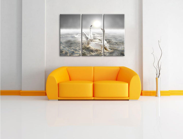 Pixxprint Schwäne im Meer als Leinwandbild/Grösse: 3 Teilig (120x80) cm/Wandbild/Kunstdruck/fertig b