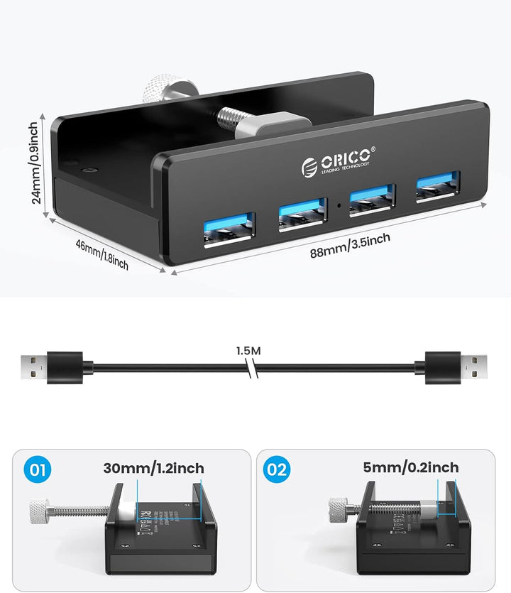 ORICO USB Hub Clip-Typ, 4 Port USB 3.0 Hub 5 Gbps Super Speed Mini Aluminum Datenhub Mit 150cm Kabel