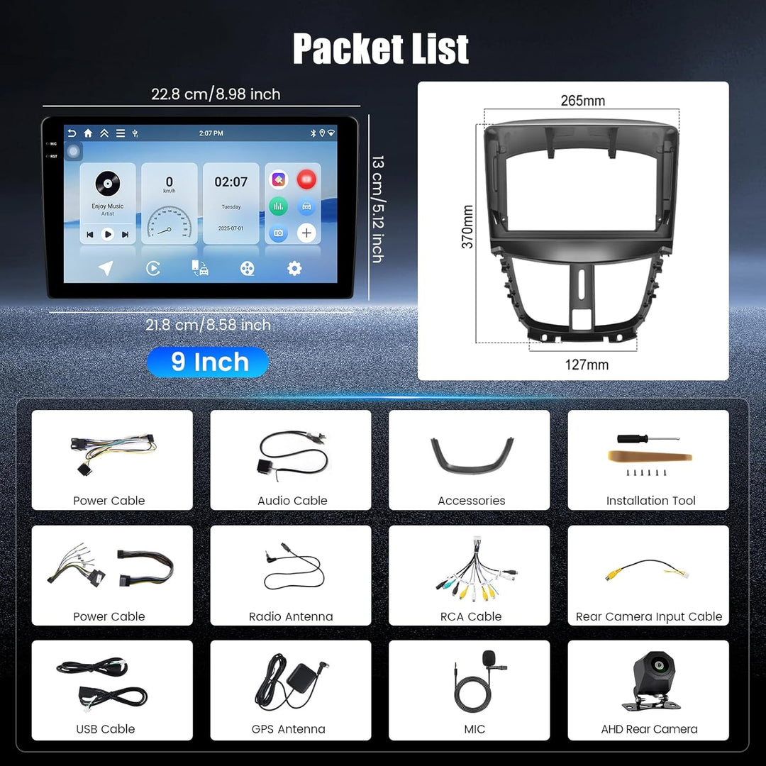 Hikity 4+128G Autoradio für Peugeot 207 2006-2015, 9" Incell Bildschirm Radio mit Wireless CarPlay A