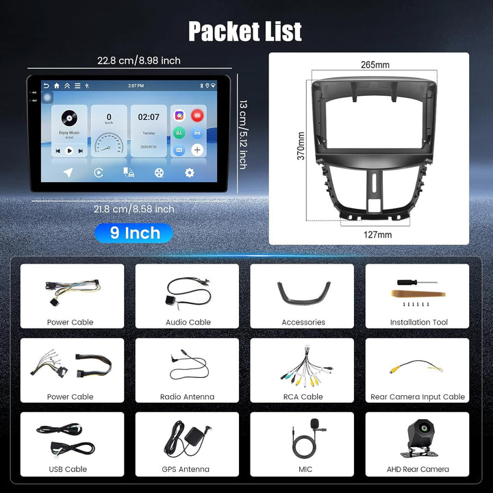 Hikity 4+128G Autoradio für Peugeot 207 2006-2015, 9" Incell Bildschirm Radio mit Wireless CarPlay A