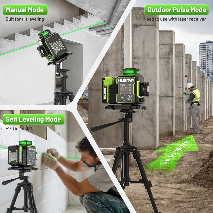 Huepar W03CG 3D-Laser-Nivelliergerät für Neubauten, 3x360° selbstnivellierend, 12 Linien, Bluetooth-