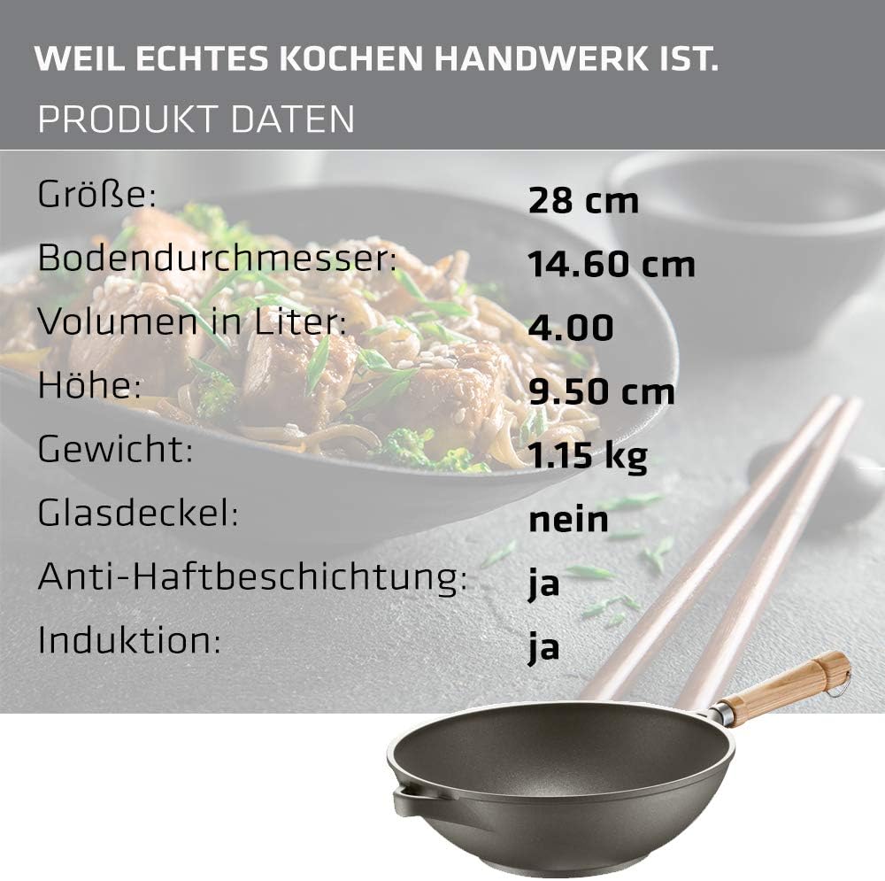 Berndes Veggi Wok Bonanza Induktion 28 cm, Wokpfanne mit 3-lagiger Antihaftversiegelung und Holzgrif