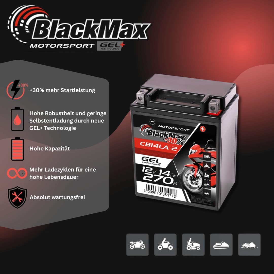 BlackMax YB14L-A2 GEL Motorradbatterie 12V 14Ah Batterie 51411 12N14-3A FB14L-A2 14Ah - 230A - YB14L