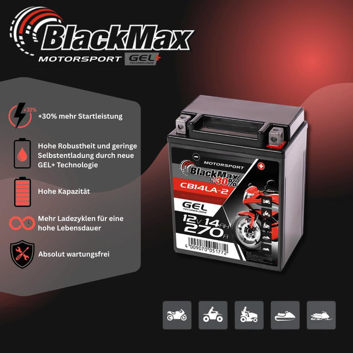 BlackMax YB14L-A2 GEL Motorradbatterie 12V 14Ah Batterie 51411 12N14-3A FB14L-A2 14Ah - 230A - YB14L