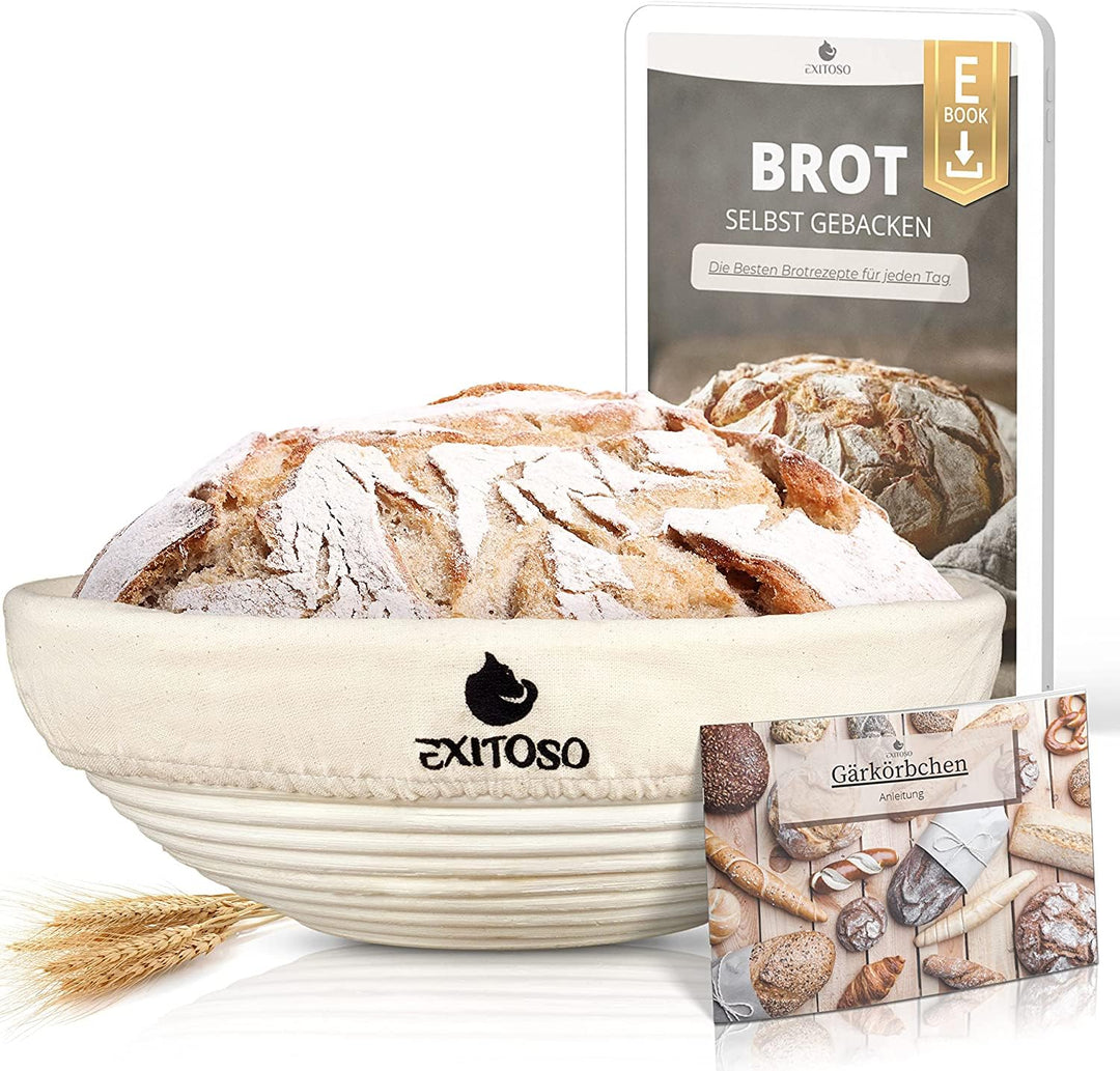 Exitoso Gärkörbchen rund 1kg aus Peddigrohr Ø25cm - Beige inkl. (E-Book Rezept, Leinentuch) - Brot b