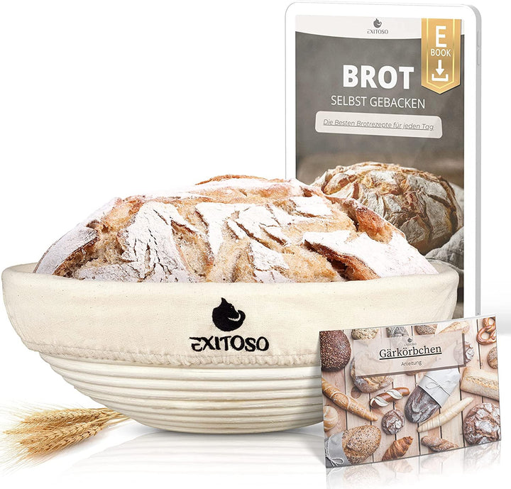 Exitoso Gärkörbchen rund 1kg aus Peddigrohr Ø25cm - Beige inkl. (E-Book Rezept, Leinentuch) - Brot b
