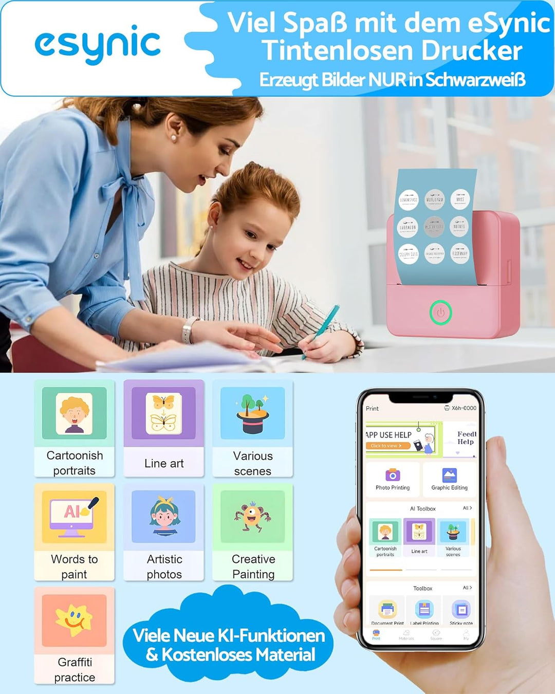 eSynic Mini Thermodrucker Tragbarer Bluetooth-Drucker für Fotos Notizen & Etiketten 200dpi Kompatibe