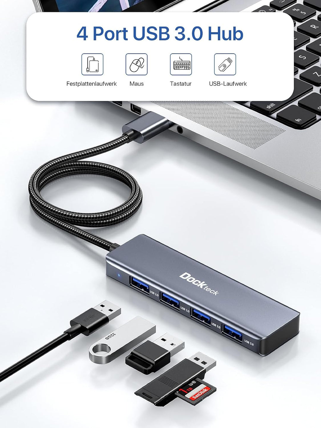 Dockteck USB Hub 3.0 Ultra Flacher Datenhub mit Nylon Geflochten Verlängerungskabel 60cm,Mehrfach US