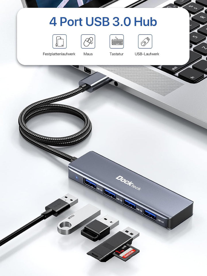 Dockteck USB Hub 3.0 Ultra Flacher Datenhub mit Nylon Geflochten Verlängerungskabel 60cm,Mehrfach US
