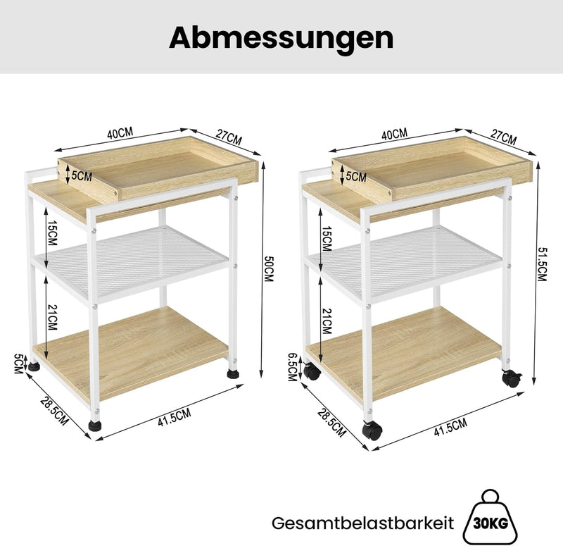 WOLTU Beistelltisch Couchtisch Sofatisch Nachttisch, mit Rollen, feststellbar, 3 Ablagen 1 abnehmbar