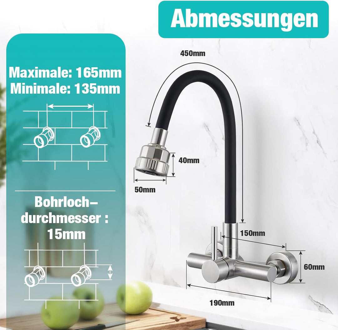 CREA Wandarmatur für Küche mit Schwarzer 360° flexibler Silikon Weichschlauch, Einhebelmischer Küche