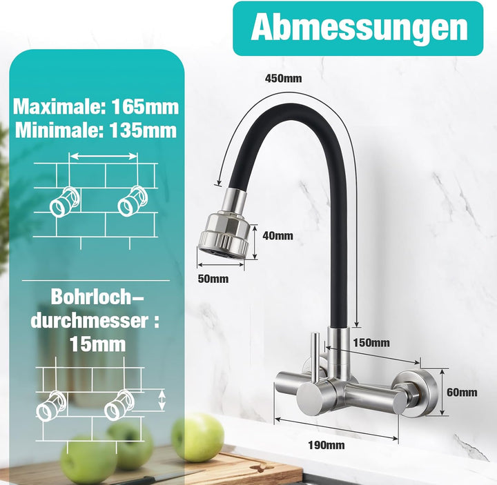 CREA Wandarmatur für Küche mit Schwarzer 360° flexibler Silikon Weichschlauch, Einhebelmischer Küche