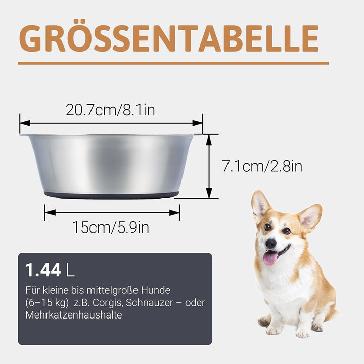 PEGGY11 Tiefer Hundenapf aus Edelstahl mit rutschfestem Silikon, 2er Pack, 1,44L, Futternapf und Tri