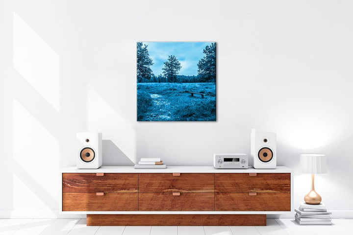 deyoli einsame Bank im Wald Format: 60x60 Effekt: Monocrome Blau als Leinwand, Motiv fertig gerahmt