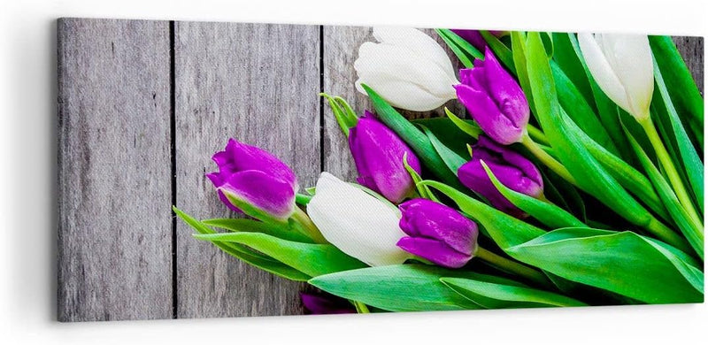 Wandbilder Dekoration Wohnzimmer Tulpen Holz Blumenstrauss Blumen Panorama Bilder auf Leinwand 120x5