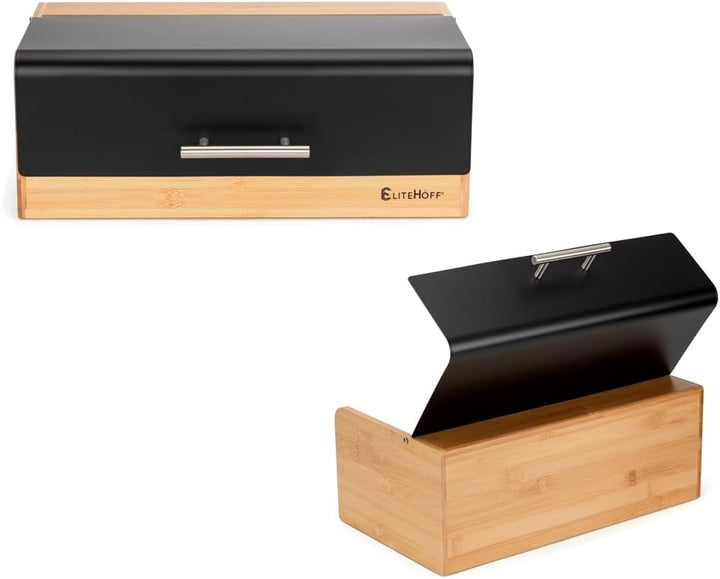 EliteHoff Brotkasten Bambus Metall, Brotbox Rechteckig ca. 36 x 20 x 14 cm, Brotbox mit Klappdeckel,