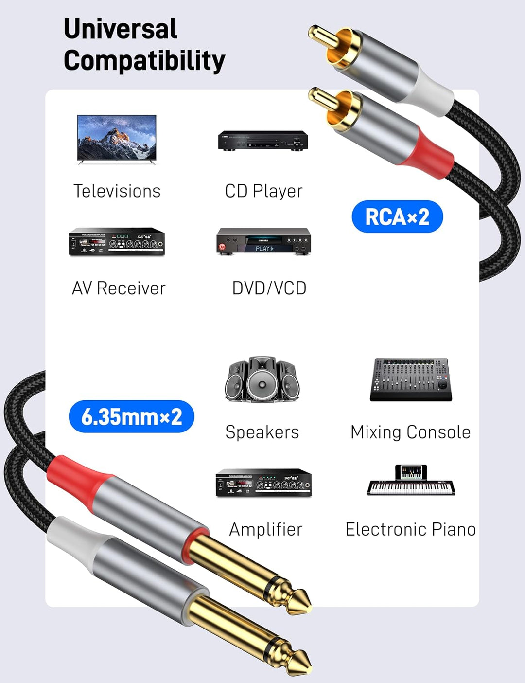 RCA zu 6,35mm Kabel, 5 m, robustes 6,35mm Stecker zu RCA Stecker Adapter Stereo Audio-Verbindungskab