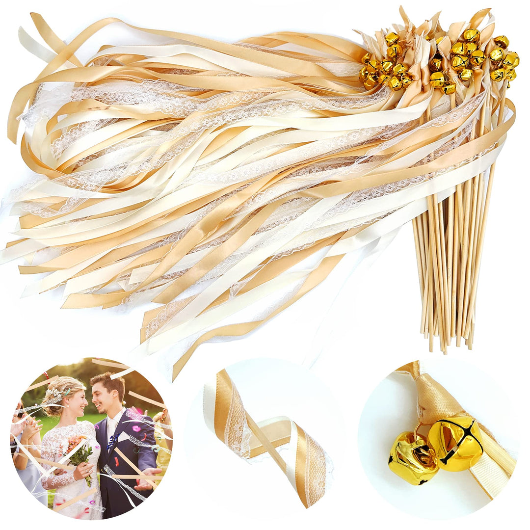 Wedding Wands,50 Stück Stäbe mit 100 Gross Glöckchen und 150 Hochzeitsbändern,Seidenfeenstab,Gastges