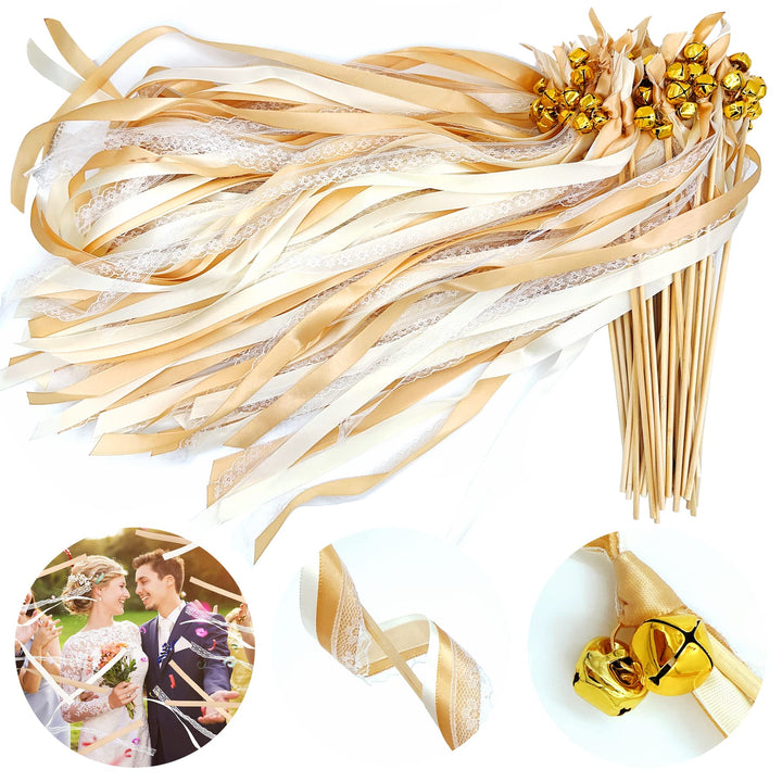 Wedding Wands,50 Stück Stäbe mit 100 Gross Glöckchen und 150 Hochzeitsbändern,Seidenfeenstab,Gastges