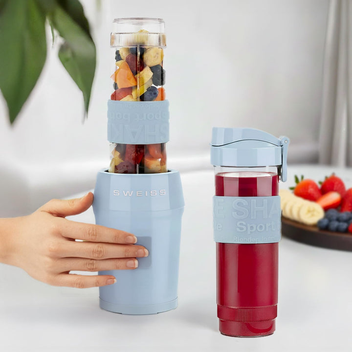 SWEISS Mini-Blender, tragbarer Mixer, Smoothie MOOV6, 2 Trinkflaschen à 570 ml mit Reisedeckeln, 4 E