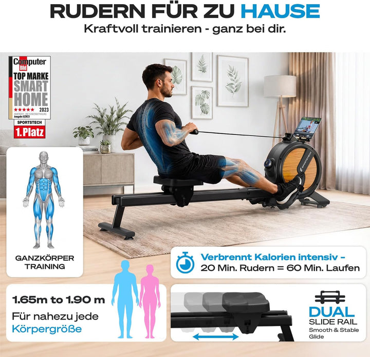 Rudergerät für Zuhause mit Wasser- oder Magnetwiderstand, LED-Display, Bluetooth App kompatibel, Dua