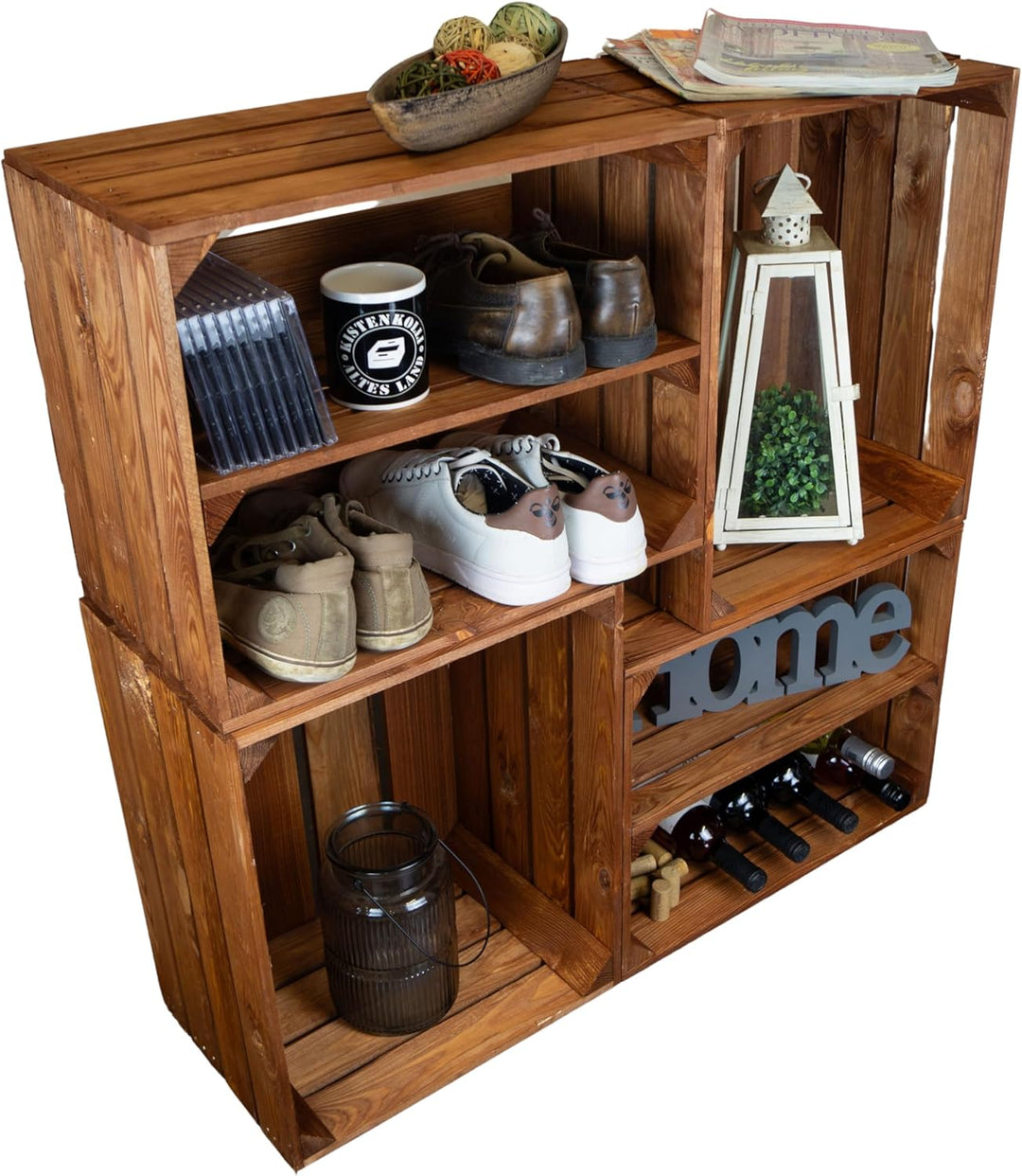 Kistenkolli Altes Land Holzkiste Ocker Schuhablage Schuhständer DIY Upcycling Regalbau Schuhaufbewah
