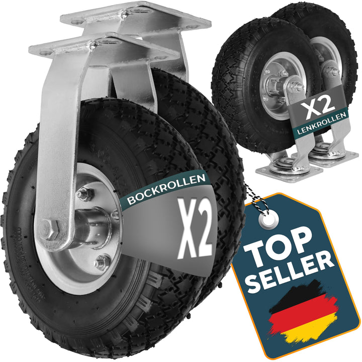 2 x Frosal Bockrolle + 2 x Lenkrolle Set Ø 260 x 85 mm | 3.00-4 Rad als 4-tlg. Set | Luftrad auf Sta