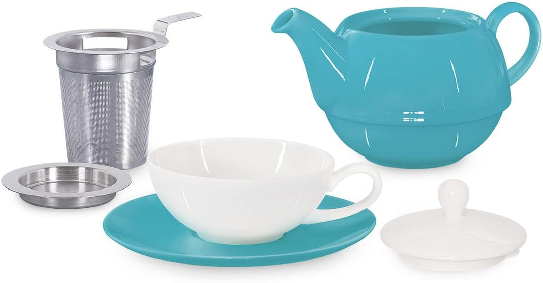 Tea for One mit Sieb Lena 500ml aus Crystal Bone China Porzellan in türkis. Teekanne + Teetasse + Un
