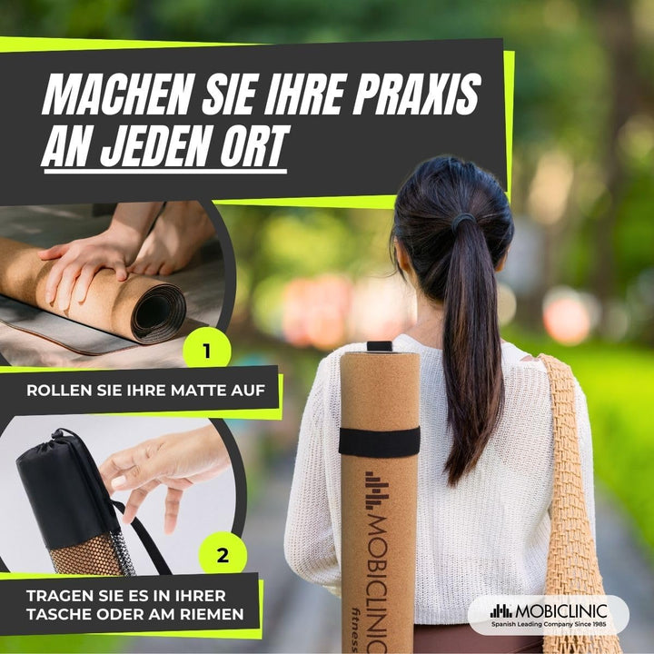 Mobiclinic®, Yogamatte naturkork, Rutschfest, Tragetasche, Antimikrobiell, 4mm dick, 100% recycelbar