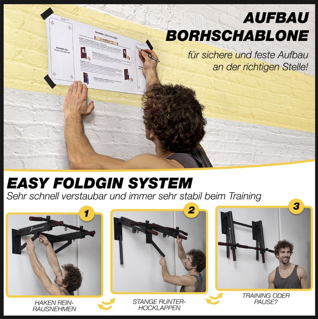 Sportstech Innovative 4in1 Klimmzugstange zur Wandmontage | neuartig platzsparend klappbar | 3 Multi