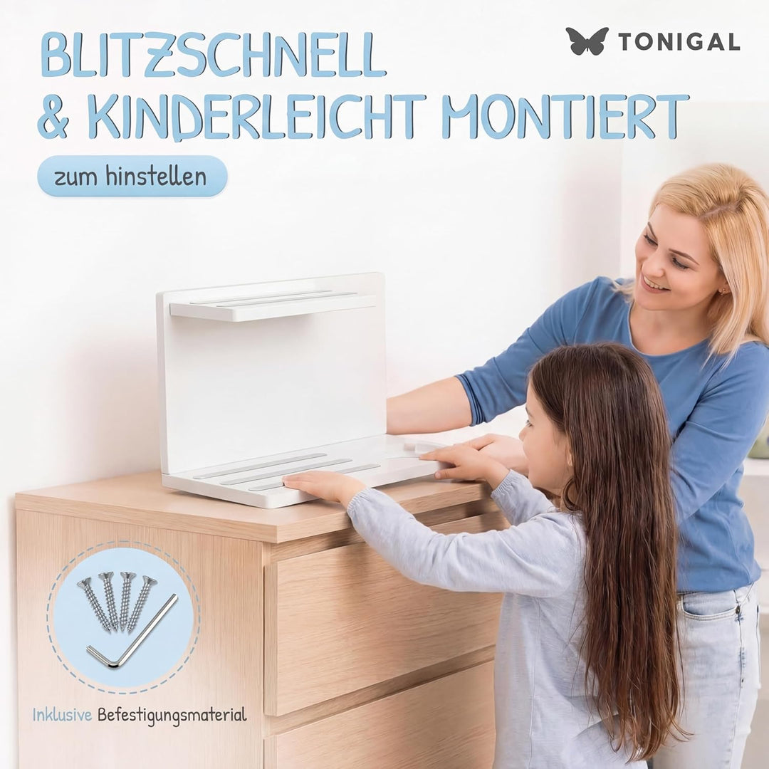 Tonie Regal Weiss zum Hinstellen stehend für bis zu 40 Tonie Figuren, Toniebox &amp; Ladestation I passe