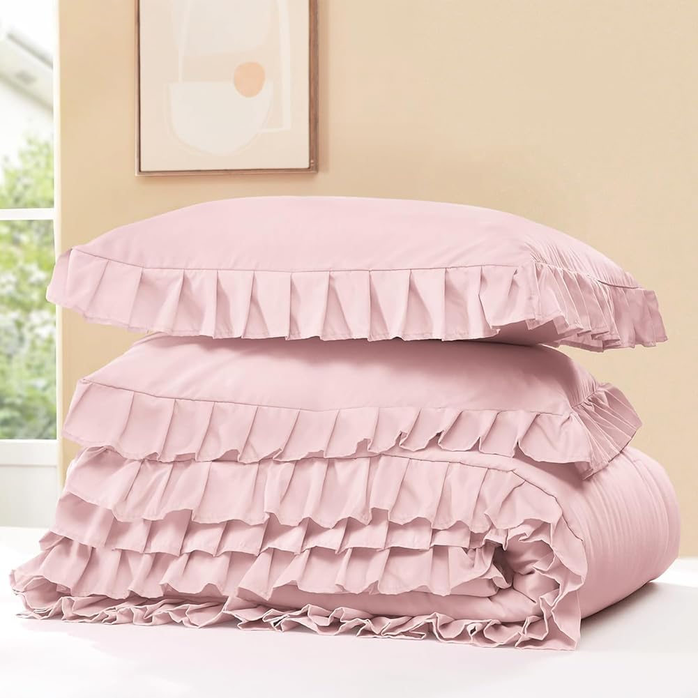 AShanlan Kinder Bettwäsche 135x200cm Rosa mit Rüschen 2-teilig Microfaser Bettbezug Kopfkissenbezug