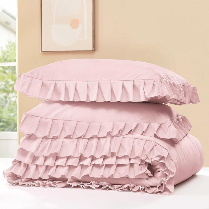 AShanlan Kinder Bettwäsche 135x200cm Rosa mit Rüschen 2-teilig Microfaser Bettbezug Kopfkissenbezug