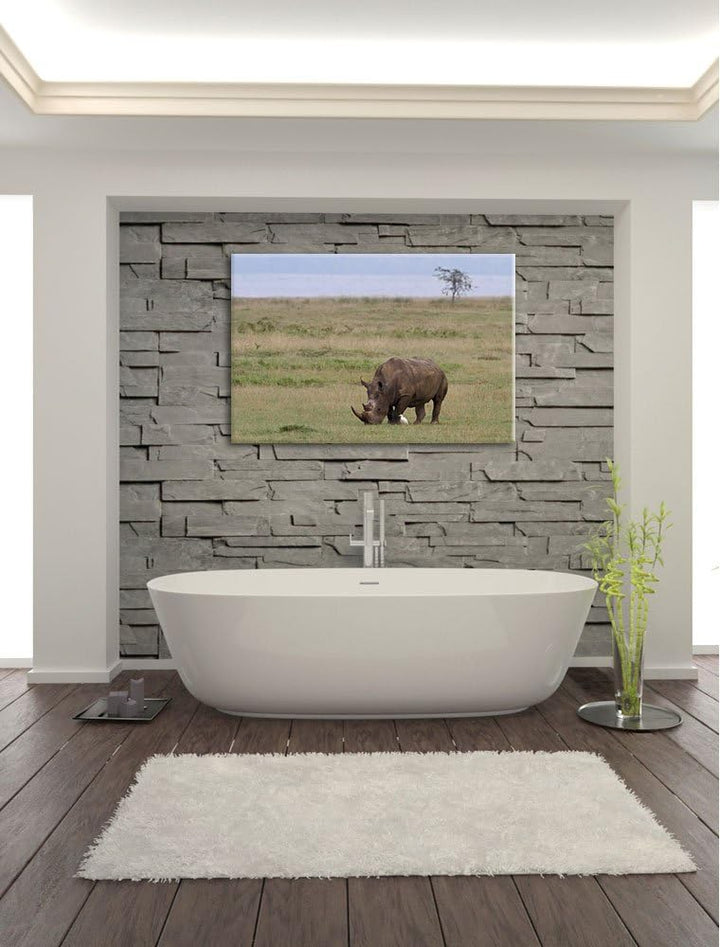 grosses Nashorn beim Fressen Leinwand, XXL riesige Bilder fertig gerahmt mit Keilrahmen, Kunstdruck