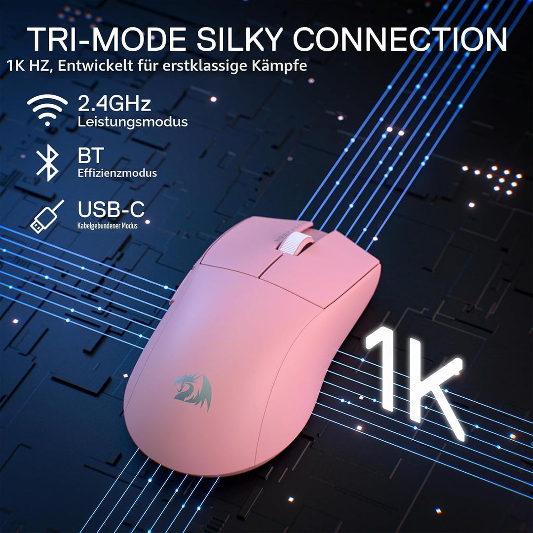 Redragon M916 PRO 3-Modus Wireless Gaming Maus, 49G Ultra-Leicht 26K DPI Maus mit Ergonomischem Natü