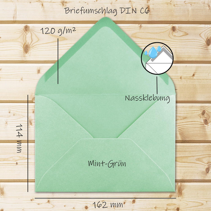 200 Brief-Umschläge - Mint-Grün - DIN C6-114 x 162 mm - Kuverts mit Nassklebung ohne Fenster für Gru