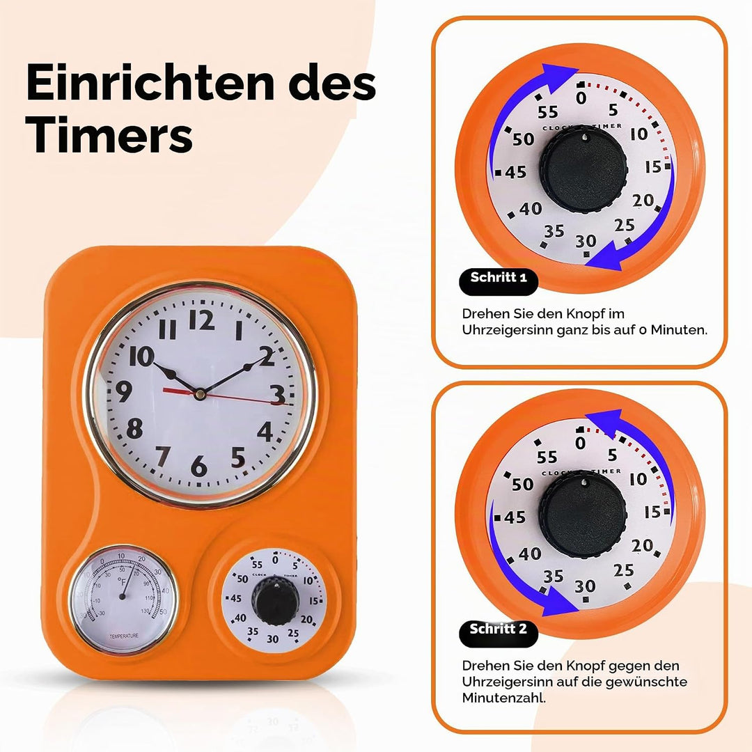 Lily's Home Retro Küchenuhr mit Temperatur und Timer (orange) Orange/Abendrot im Zickzackmuster (Sun