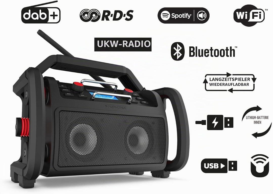 PerfectPro Baustellenradio Rockpro, WiFi internetradio, DAB+ und UKW-Empfang, Bluetooth, Lithium-Akk