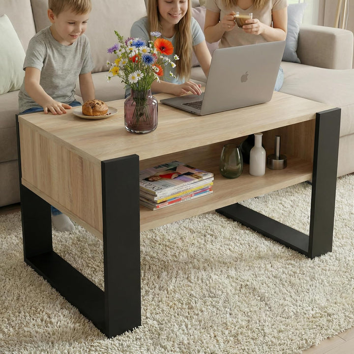 CraftPAK Wohnzimmer Tisch für Couch aus hochwertigem Holz, moderner Couchtisch mit zusätzlicher Abla