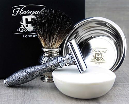 Haryali London Antiquität Silber, 5-in-1 Rasierset mit Super Dachshaar Rasierpinsel - doppelkante Ra