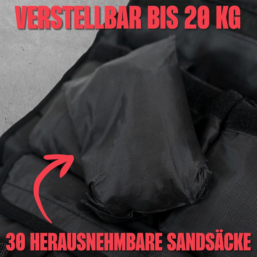 Matchu - Gewichtsweste - Weight Vest - Einstellbar bis zu 20 KG - Verstellbar mittels 30 Sandsäcken