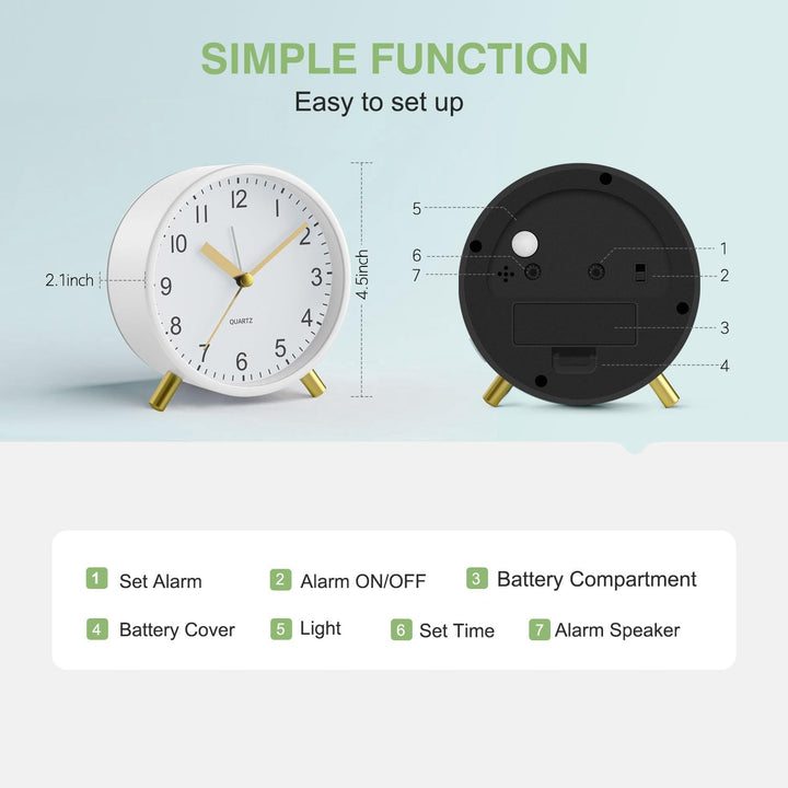 YouJabz Analoger Wecker, Super Silent Non Ticking mit Nachtlicht, Batteriebetrieben, Modischer Runde