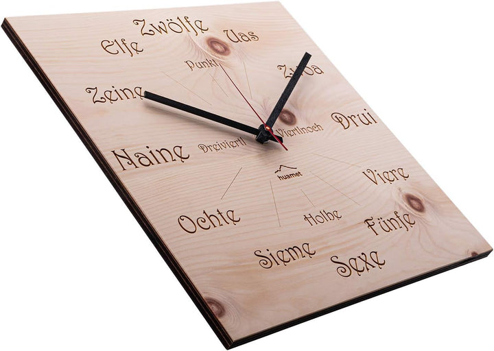 huamet Holz Wanduhr UHRFORM aus Zirbe, eckig - einzigartiges Design mit urigem Südtiroler Dialekt, g