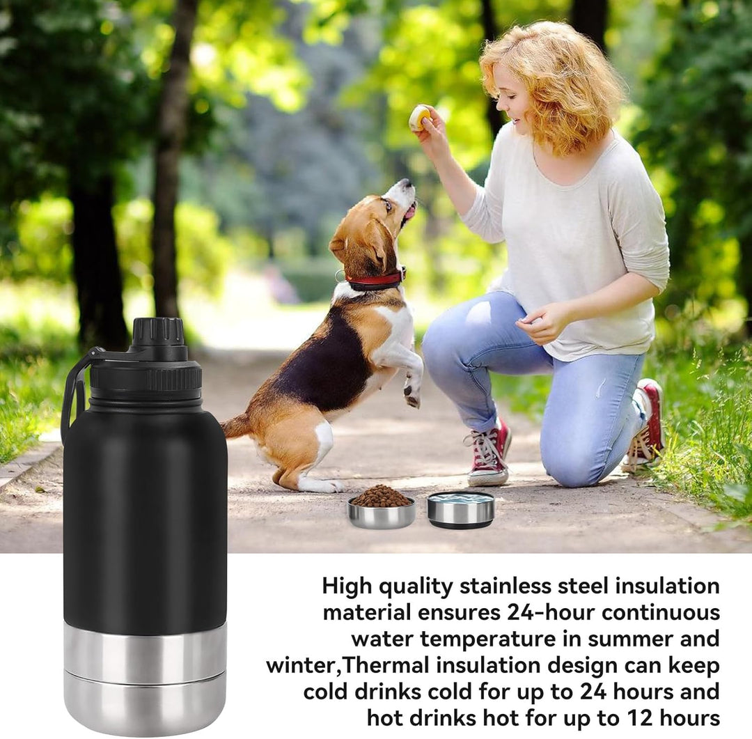 Pets Hundetrinkflasche für Unterwegs, 950ml Isolierte Edelstahl Trinkflasche Hunde mit Futterbehälte