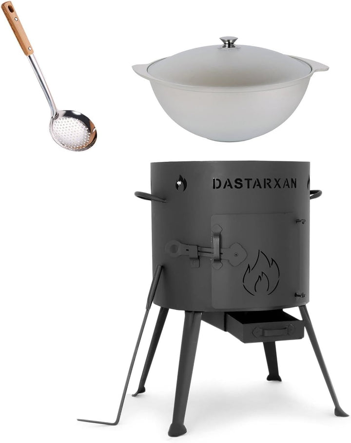 rukauf. SET Utschak, 37 cm + 9 Liter Kasan Kazan aus ALU + Schaumlöffel/Feldküche Gulasch-Kessel Feu
