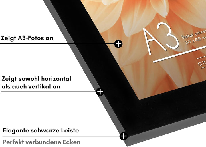 Americanflat Bilderrahmen A3 Schwarz - DIN A3 Bilderrahmen Schwarz aus Verbundholz mit Splitter Fest