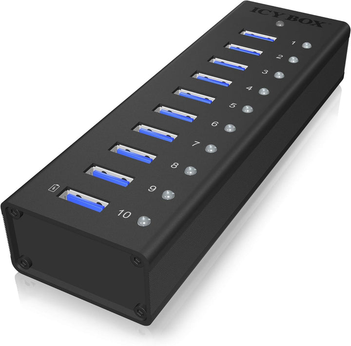 ICY BOX IB-AC6110 10-fach USB 3.0 Hub mit Netzteil (12V/4A), Ladeport, Voll-Aluminium, Klettbefestig