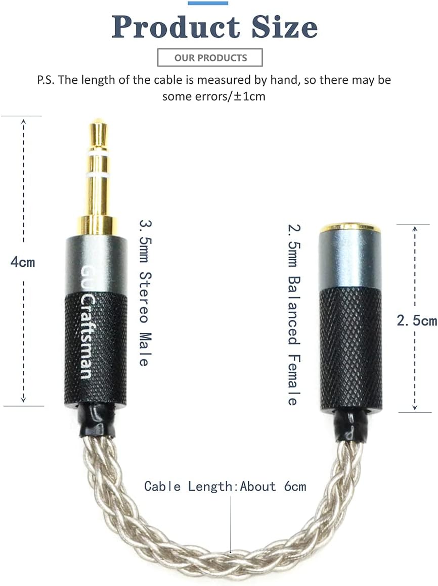 GUCraftsman 3,5mm Stereo Stecker auf 2,5mm symmetrische Buchse, tragbares Kopfhörer Adapterkabel, 6N