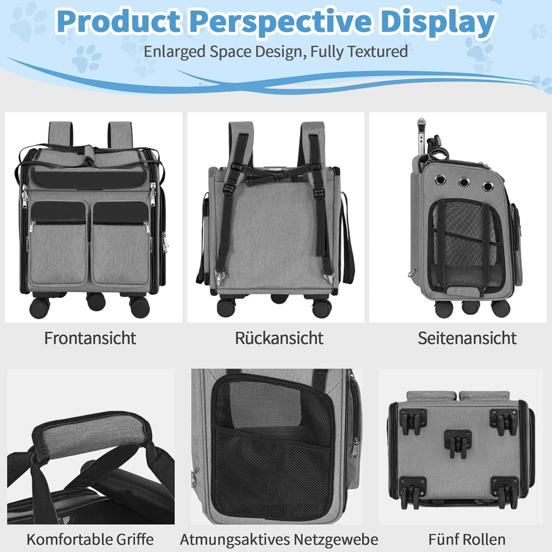 mit Trolley 2 in 1 bis 20 kg, Katzenrucksack Grosse Katzentragetasche mit Rollen, multifunktionaler